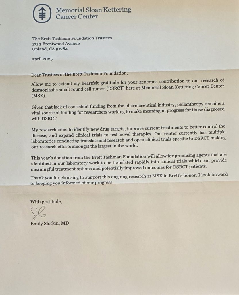 Letter from Memorial Sloan-Kettering. 4.2025